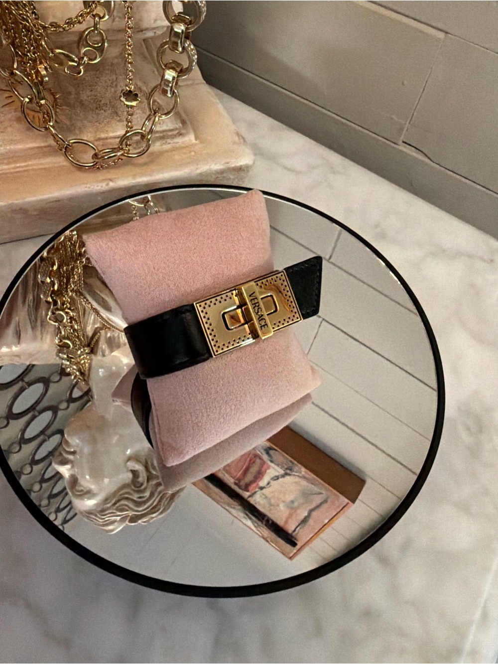 Versace Black leather cuff bracelet with Gold Turn-Lock size 7